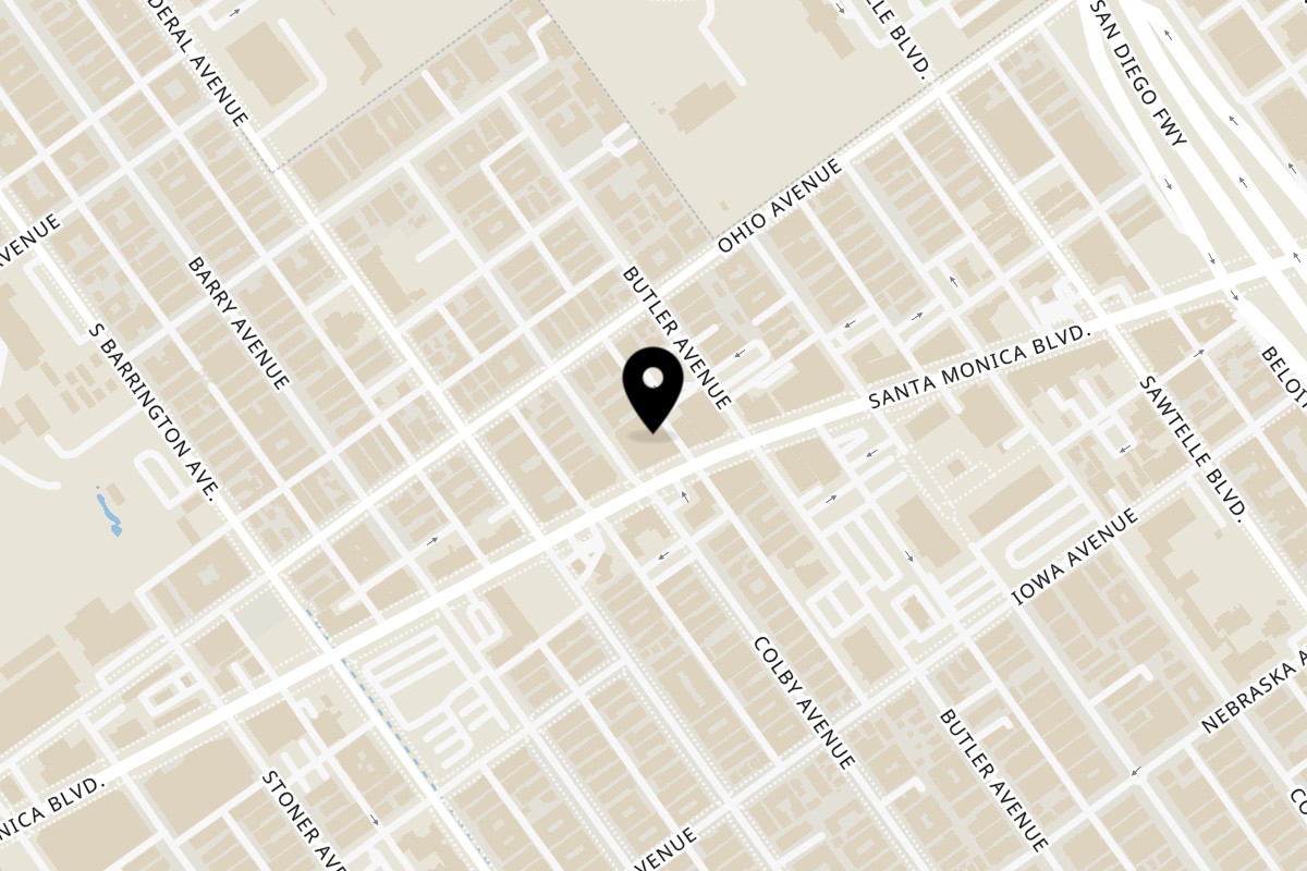 Map showing the location of Churros Calientes on 11521 Santa Monica Blvd in Los Angeles